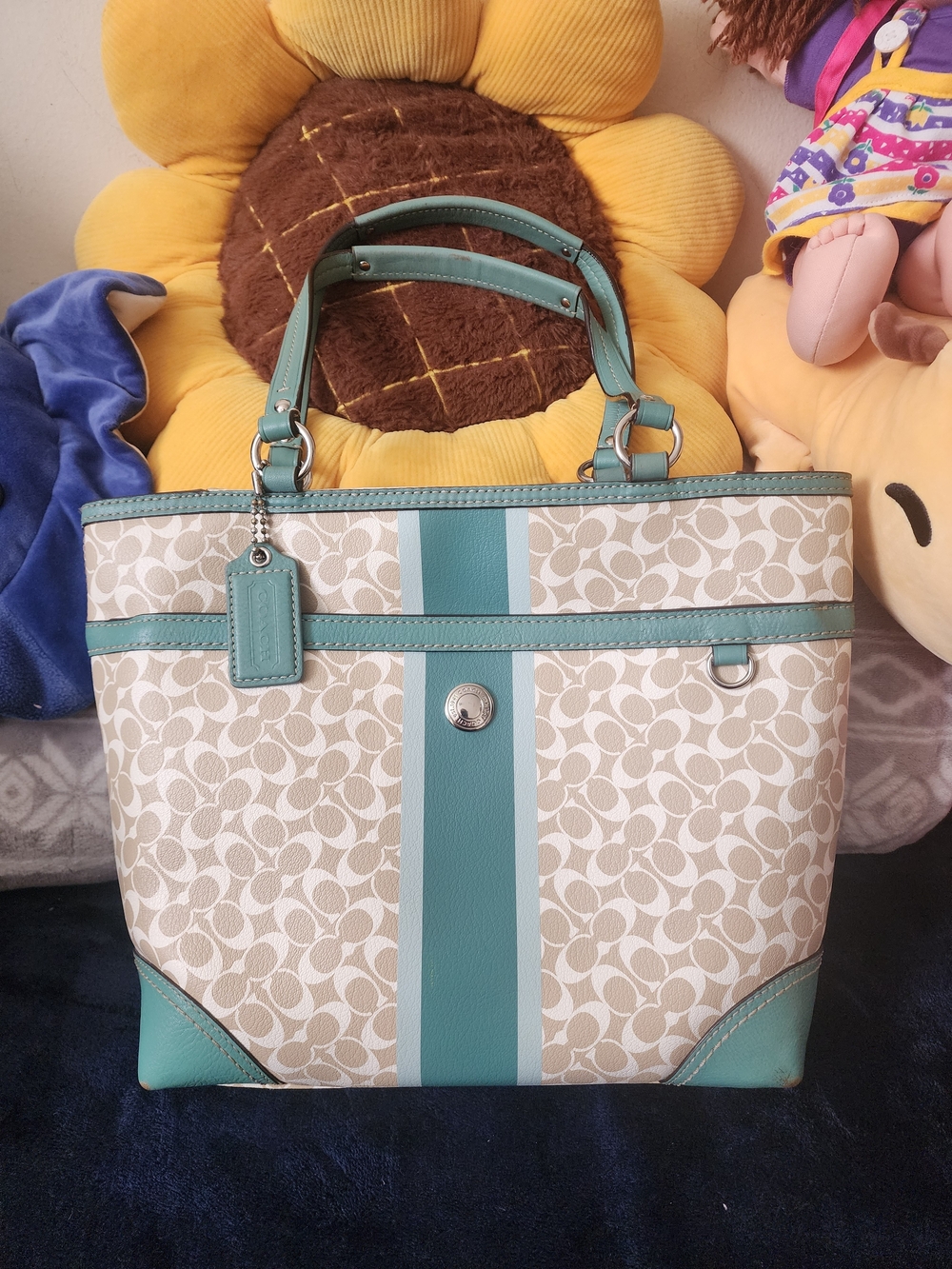 Coach Chelsea Heritage Stripe Signature Tote Bag Khaki Teal F15137 - Picture 2 of 8